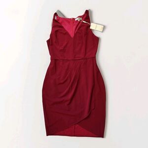 NWT Manydress Red Asymmetrical Bodycon Dress Ruched Sleeveless V Neck Womens M